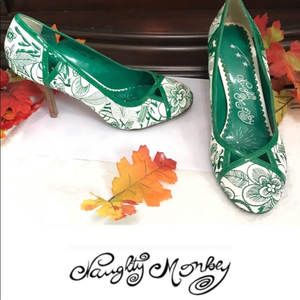 Naughty Monkey Green & White Floral Heels